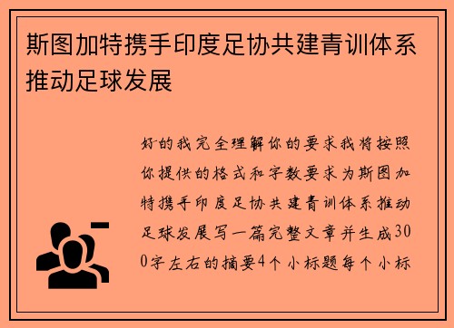 斯图加特携手印度足协共建青训体系推动足球发展